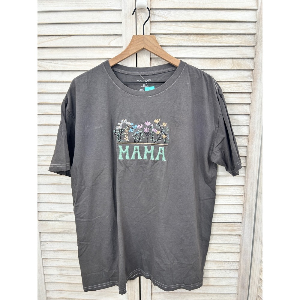 NEW Maurices Mama Graphic Tee 2X Gray Cotton Floral Relaxed Fit T-shirt Top